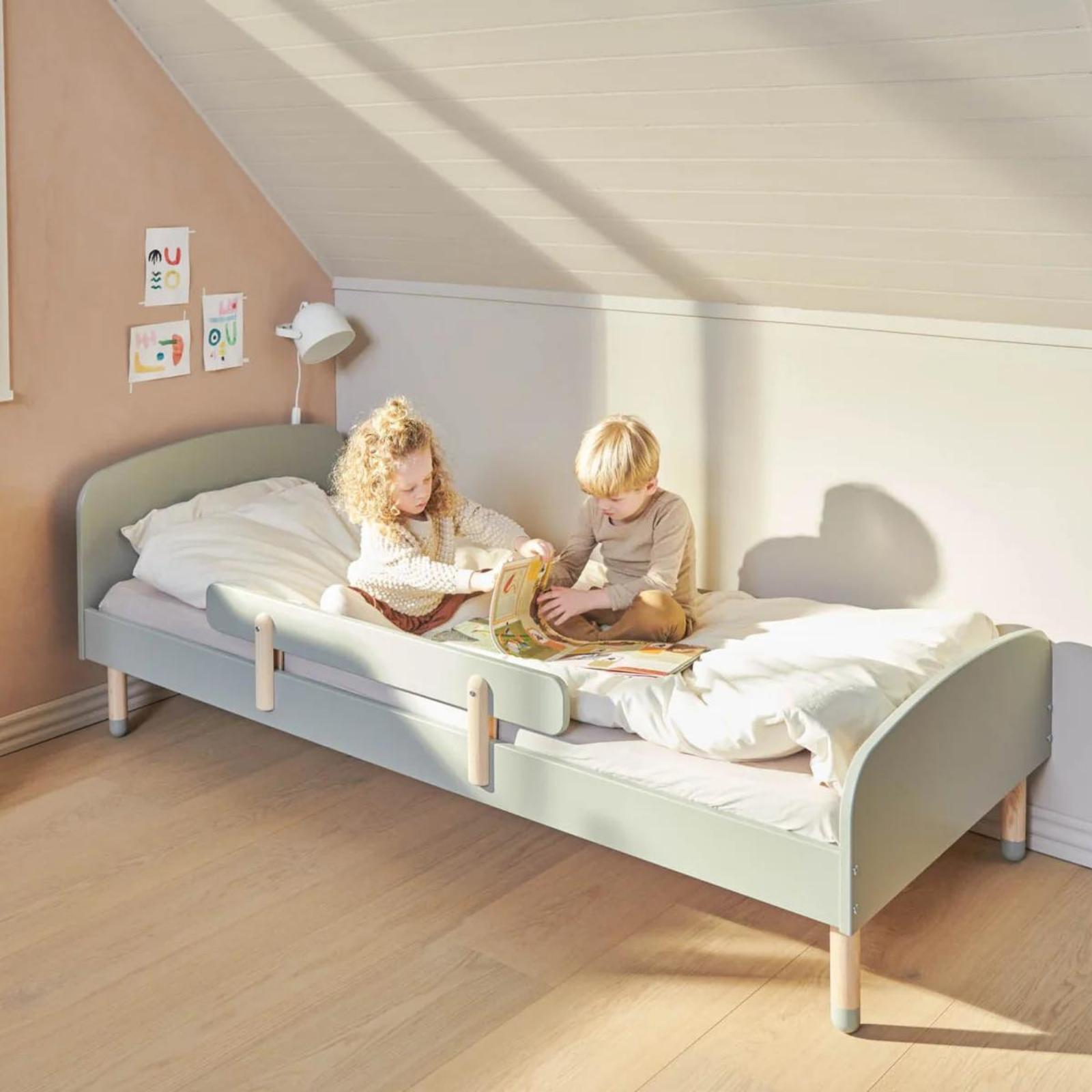 FLEXA Kids Single Bed with safety rail Dot Collection Example with Kids