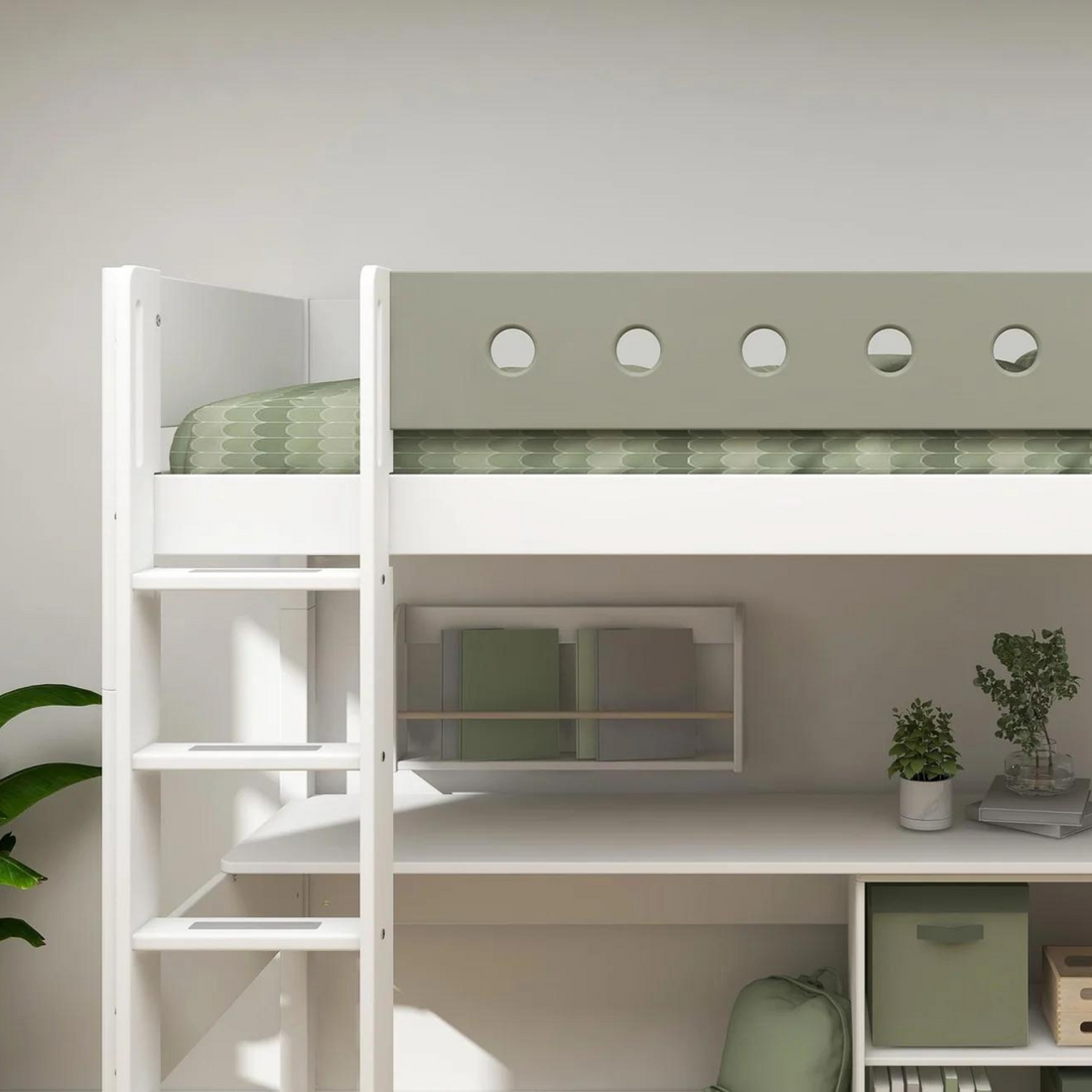 High bed w. straight ladder and desk natural green example