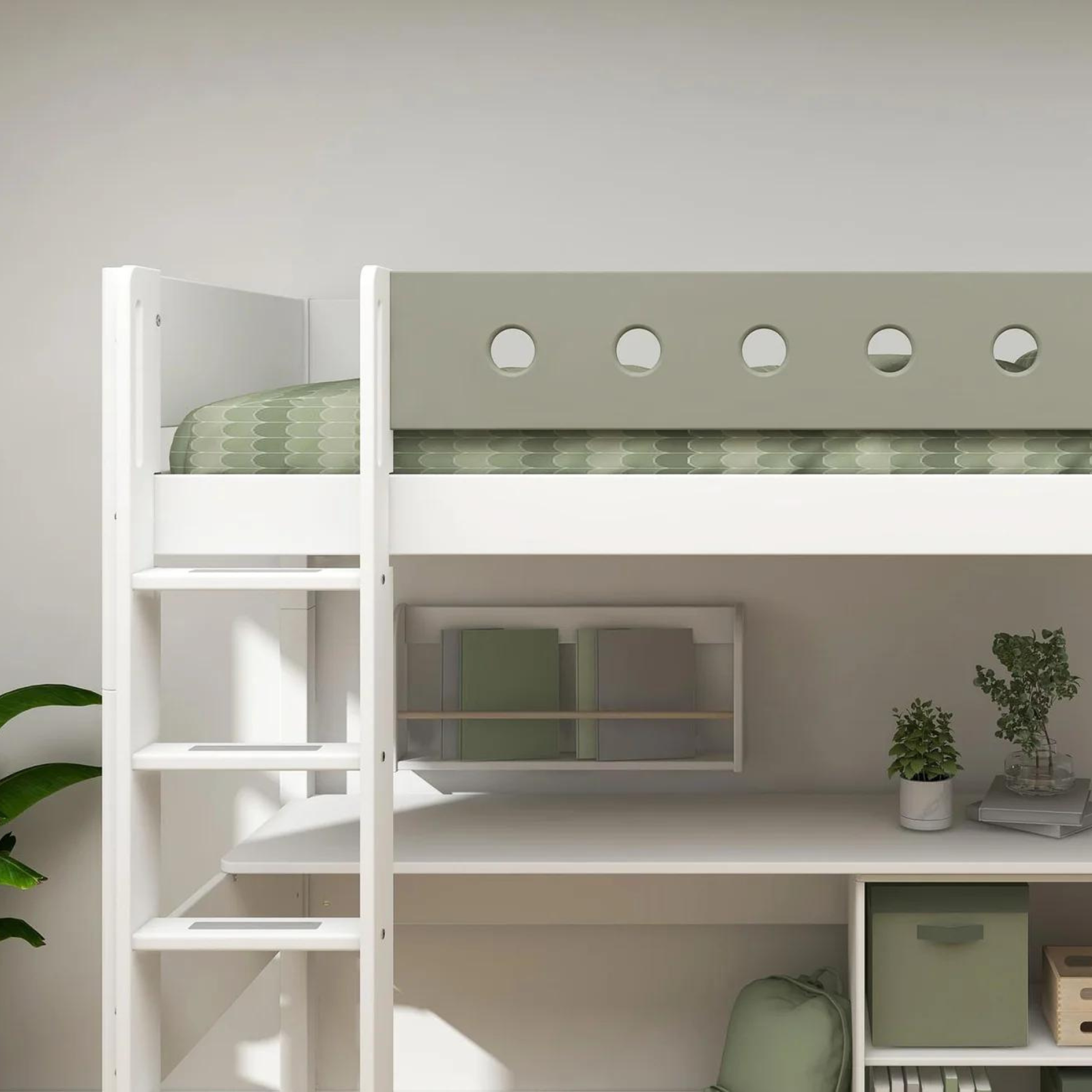 High bed w. straight ladder and desk natural green example