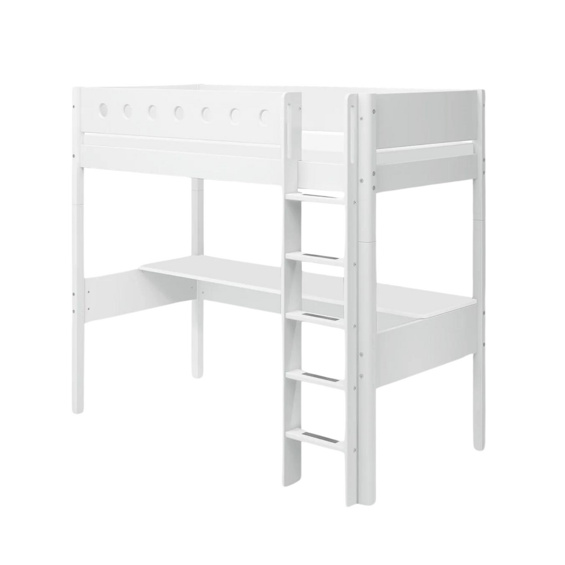 High bed w. straight ladder and desk in white